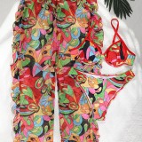 Printed Bikini High Waist Trousers Three-Piece Swimsuit