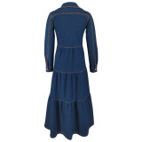 Elegant Long Sleeve Denim Long Dress