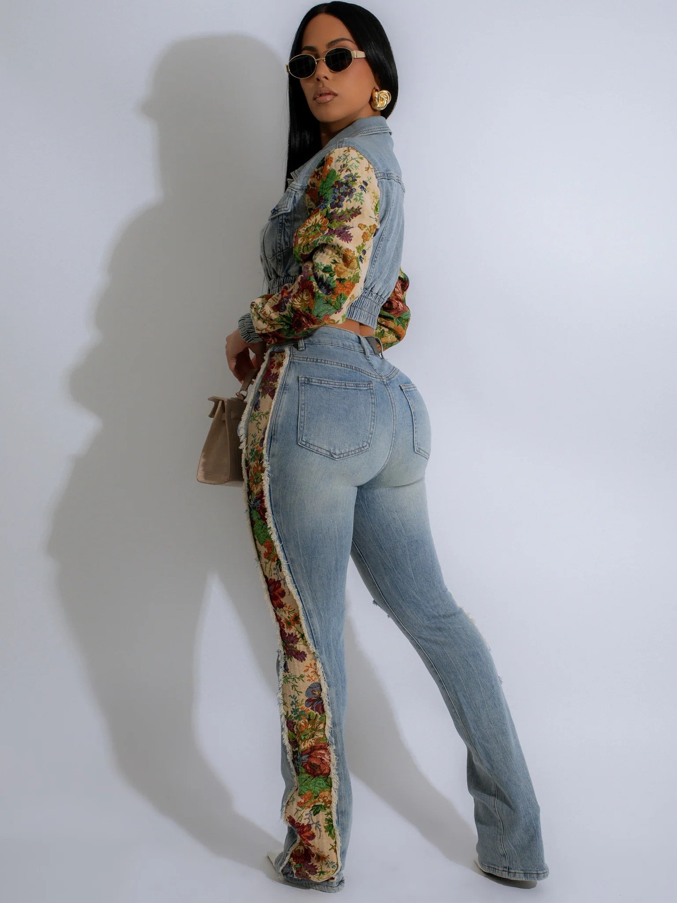 Women Fall Retro Patchwork Camouflage Print Top and Denim Pants Two Piece Set