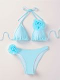 Solid Color Triangle Cup Flower Low Back Sexy Bikini Swimsuit