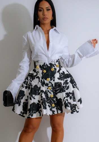 Women gold button puffy skirt shirt and printed Skirt Two Piece Set