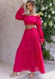 Women Solid Sexy Long Sleeve Off Shoulder Top and Skirt Two Piece Set