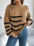 Women Casual contrast striped pocket lantern sleeve sweater
