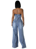 Women Casual Strapless Cargo Denim Jumpsuit
