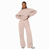 Women Solid long-sleeved Round Neck Top and wide-leg pants Two Piece Set