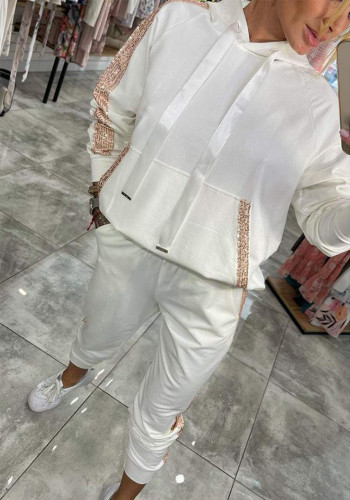 Women Casual Solid Patchwork Sequin Hoodies and Pant Two Piece Set