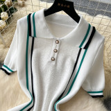 Women's Turndown Collar Contrast Slim Waist Slim Fit Ruffles Knitting Dress