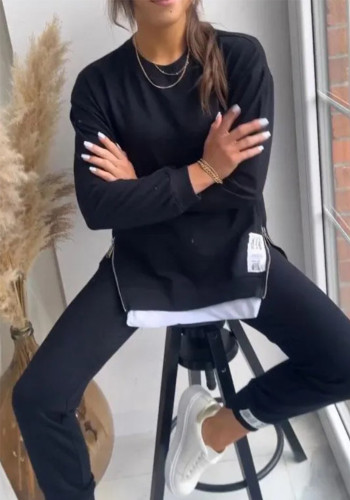 Women Round Neck long-sleeved zipper Top and Pant Two Piece Set