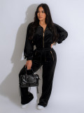 Women long-sleeved Turndown Collar zipper Top and pants Two Piece Set