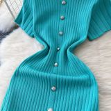 Chic Knitting Round Neck Single-Breasted Short-Sleeved Slim Midi Dress