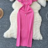 Chic Knitting Round Neck Single-Breasted Short-Sleeved Slim Midi Dress