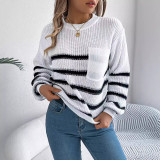 Women Casual contrast striped pocket lantern sleeve sweater
