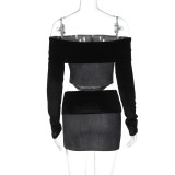 Women Fall and Winter Sexy Off Shoulder Crop Top and Slit Skirt Two Piece Set