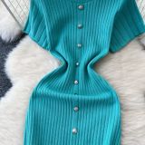 Chic Knitting Round Neck Single-Breasted Short-Sleeved Slim Midi Dress