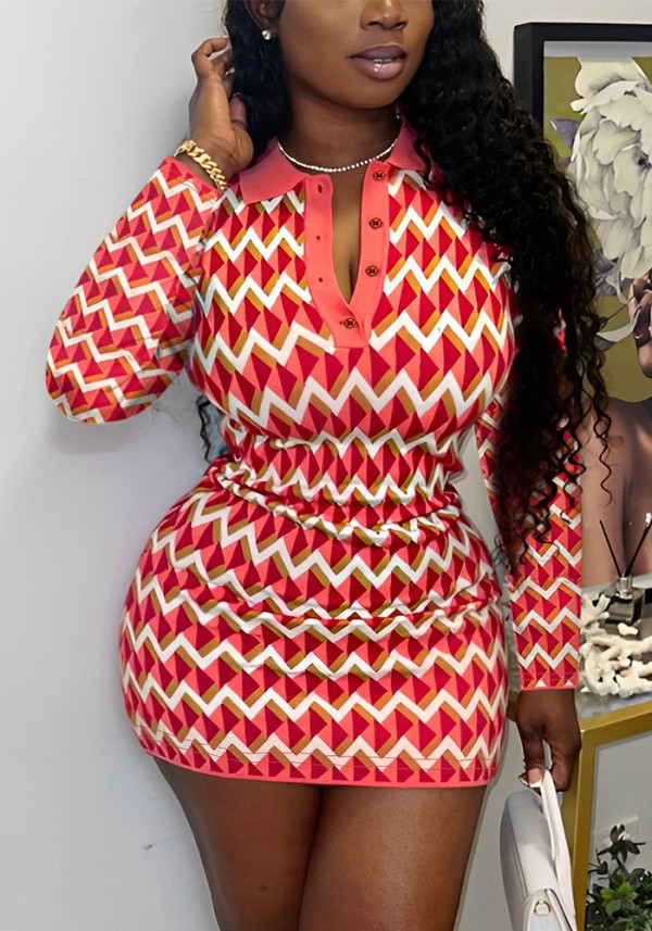 Women Striped Print Turndown Collar Button Long Sleeve Bodycon Dress