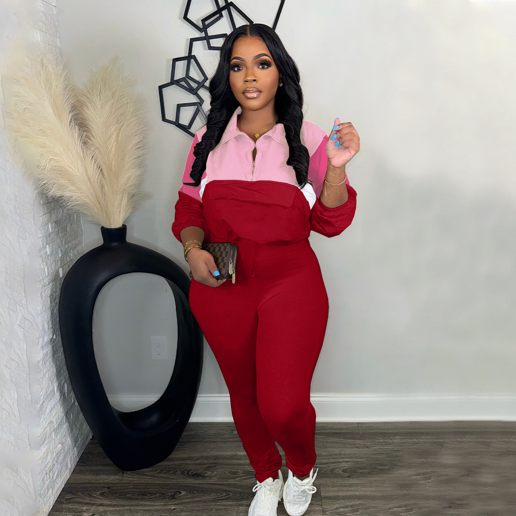 Autumn Contrast Color Zipper Patchwork Top Tight Fitting Pants Sports Two-Piece Set