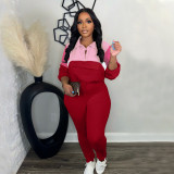 Autumn Contrast Color Zipper Patchwork Top Tight Fitting Pants Sports Two-Piece Set