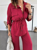 Women Autumn Casual Solid Drawstring Patch Pocket Button Top and Pant Two Piece Set