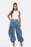 Women Casual Pleated Lace Elastic Waist Denim Harem Pants