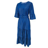 Women's Puff Sleeve Round Neck Fashion Denim Dress