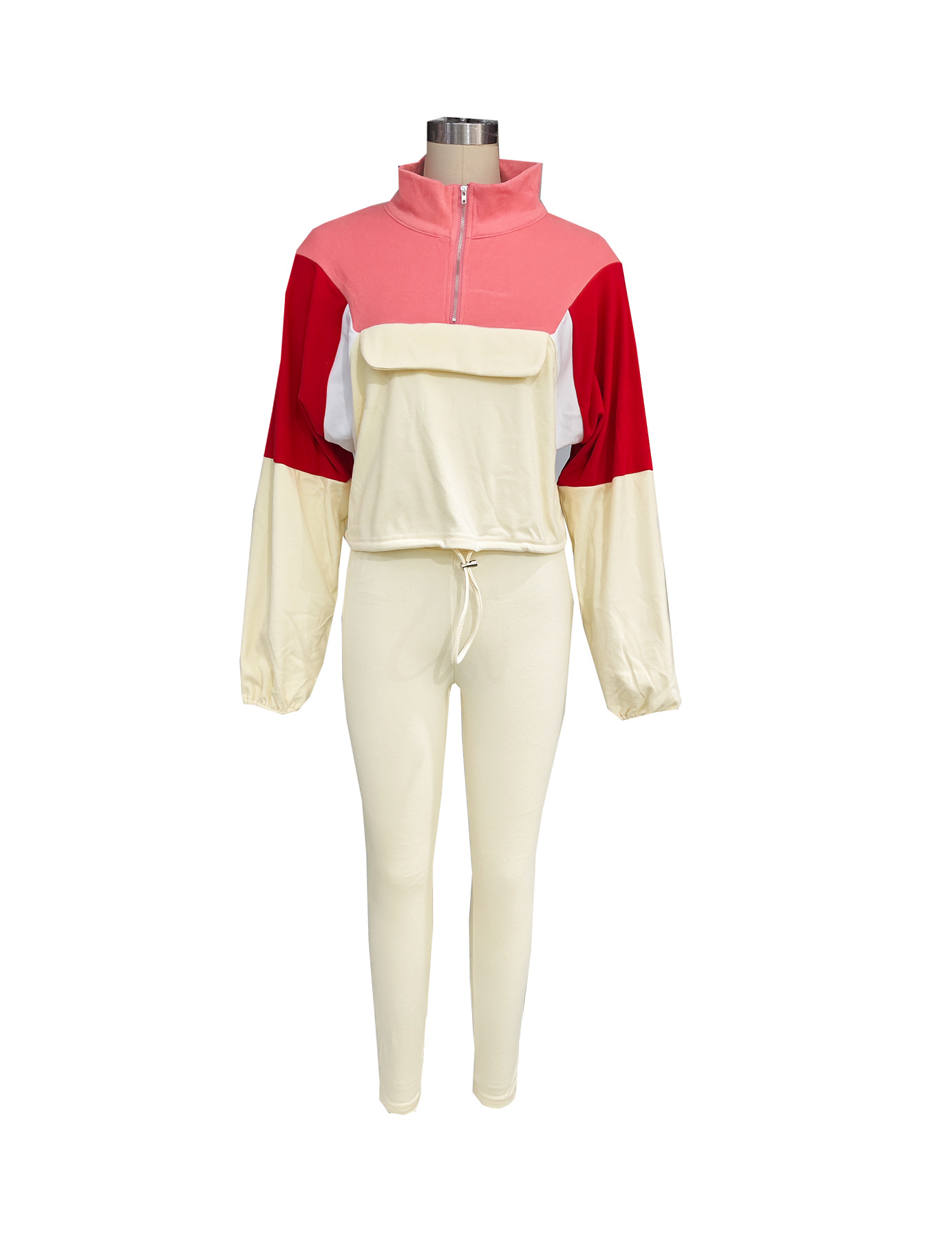 Autumn Contrast Color Zipper Patchwork Top Tight Fitting Pants Sports Two-Piece Set