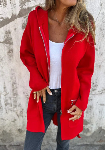 Women Solid Casual Zippered Hooded Jacket