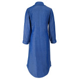 Spring Autumn Fashion Turndown Collar Button Denim Long Sleeve Long Dress