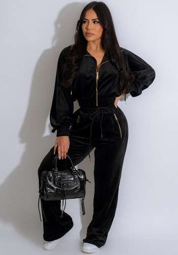 Women long-sleeved Turndown Collar zipper Top and pants Two Piece Set