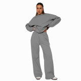 Women Solid long-sleeved Round Neck Top and wide-leg pants Two Piece Set