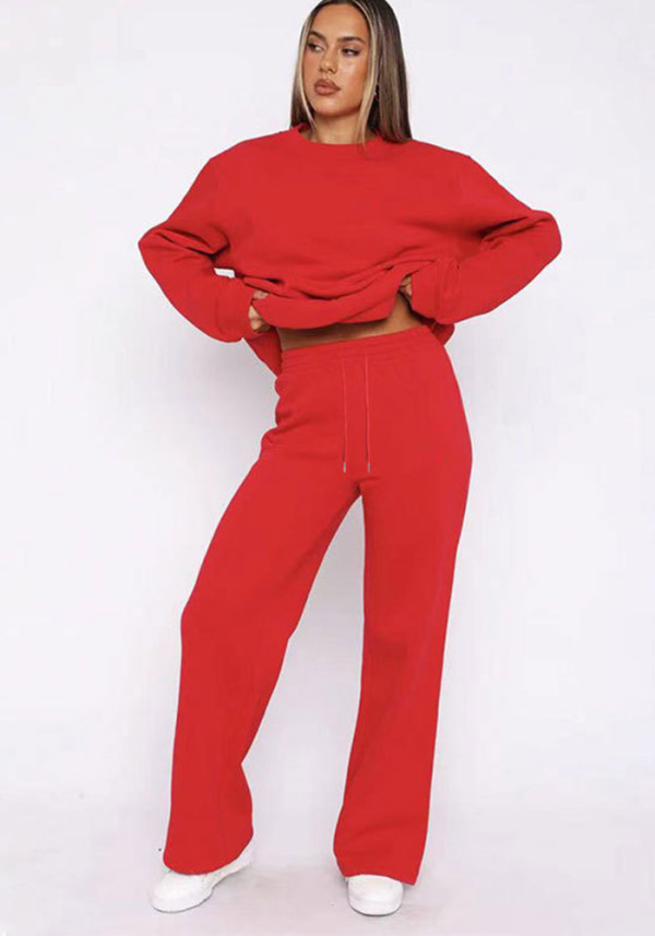 Women Solid long-sleeved Round Neck Top and wide-leg pants Two Piece Set