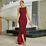 Women long-sleeved round neck sexy sequin Formal Party bridesmaid dress fishtail Maxi evening dress