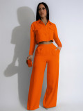 Women Fall Turndown Collar Long Sleeve Top and wide-leg pants Two Piece Set