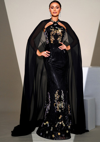 Women Halter Neck sequined mesh shawl Formal Party bridesmaid dress Maxi evening dress