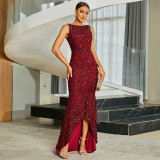 Women long-sleeved round neck sexy sequin Formal Party bridesmaid dress fishtail Maxi evening dress