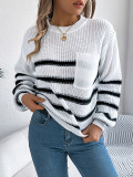 Women Casual contrast striped pocket lantern sleeve sweater