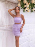 Women Sexy Solid Mesh Strapless Top Skirt Two Piece Set