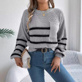 Women Casual contrast striped pocket lantern sleeve sweater