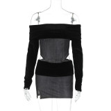 Women Fall and Winter Sexy Off Shoulder Crop Top and Slit Skirt Two Piece Set