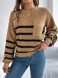 Women Casual contrast striped pocket lantern sleeve sweater