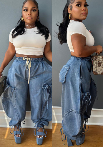 Women Casual Pleated Lace Elastic Waist Denim Harem Pants