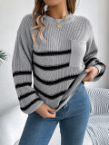 Women Casual contrast striped pocket lantern sleeve sweater