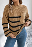 Women Casual contrast striped pocket lantern sleeve sweater