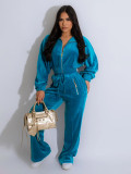 Women long-sleeved Turndown Collar zipper Top and pants Two Piece Set