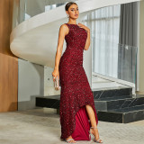 Women long-sleeved round neck sexy sequin Formal Party bridesmaid dress fishtail Maxi evening dress