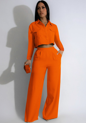 Women Fall Turndown Collar Long Sleeve Top and wide-leg pants Two Piece Set