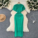 Chic Knitting Round Neck Single-Breasted Short-Sleeved Slim Midi Dress