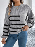 Women Casual contrast striped pocket lantern sleeve sweater