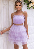 Women Sexy Solid Mesh Strapless Top Skirt Two Piece Set