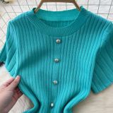 Chic Knitting Round Neck Single-Breasted Short-Sleeved Slim Midi Dress