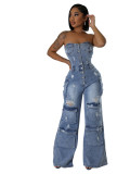 Women Casual Strapless Cargo Denim Jumpsuit